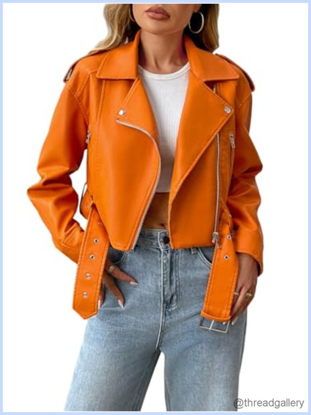 Women Faux Leather Cropped Moto Jacket with Belt, Long Sleeve Zip